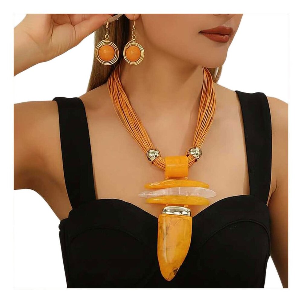 Tigerstars Orange Boho Abstract Resin Pendant Accent Multi Layered Cord Necklace
